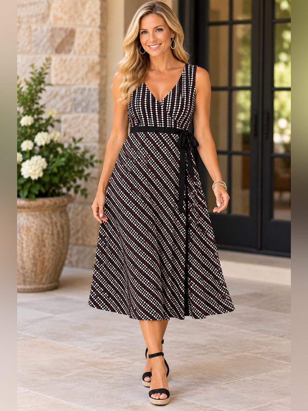 LOFT Size 12 Black Dot Print Fit & Flare Midi Dress